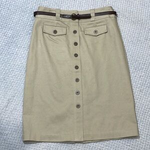 Christopher & Banks Stretch Khaki Button Up Belted Midi Skirt Size 6